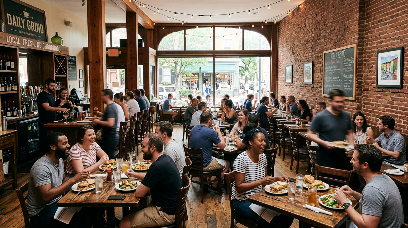 Busy casual neighborhood bistro with large street-facing windows — restaurant window film keeping guests comfortable in Philadelphia