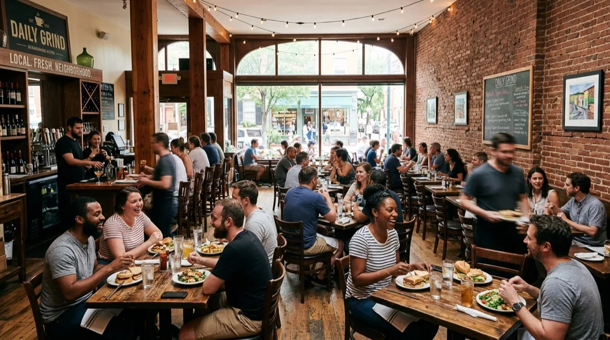 Busy casual neighborhood bistro with large street-facing windows — restaurant window film keeping guests comfortable in Philadelphia