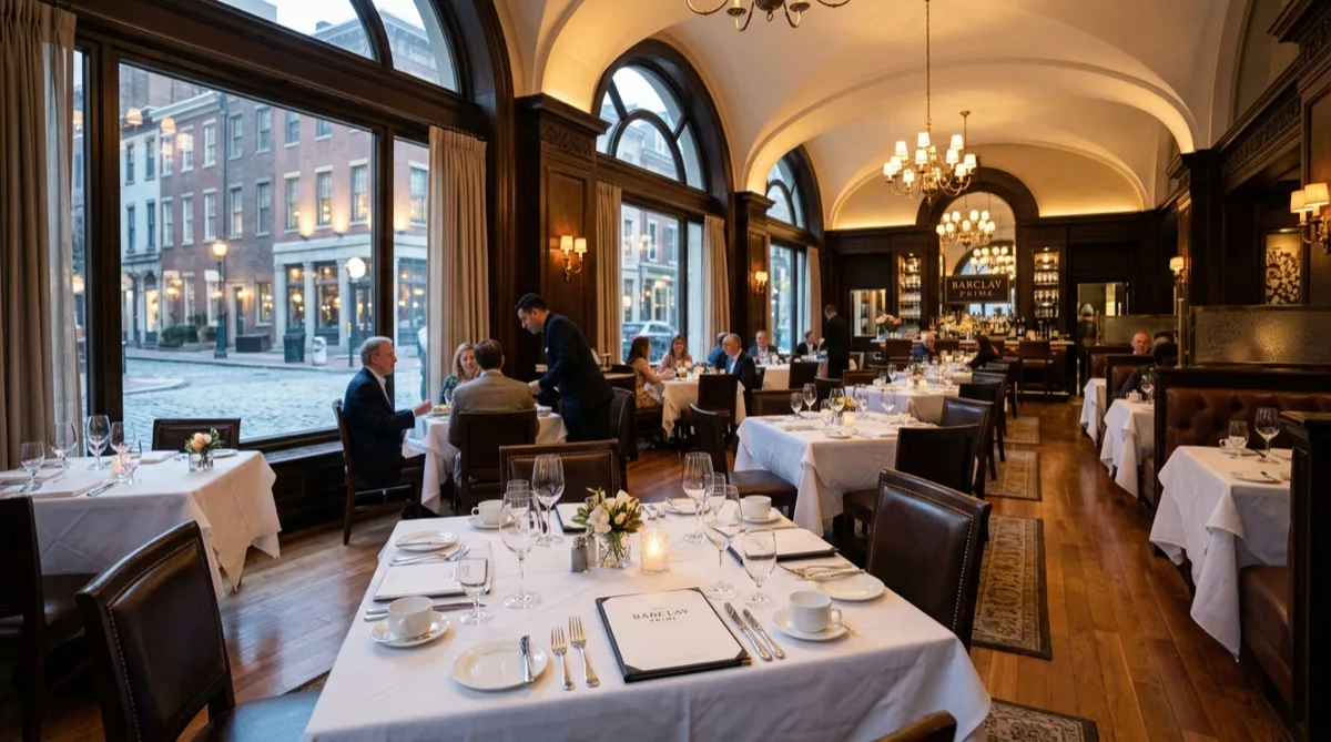 Upscale fine dining restaurant interior with soft filtered light through floor-to-ceiling windows — 3M Prestige solar control film Philadelphia