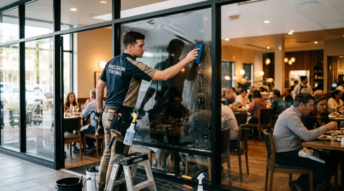 Window film installer applying film to a large restaurant window with dining tables in background — restaurant window film Philadelphia
