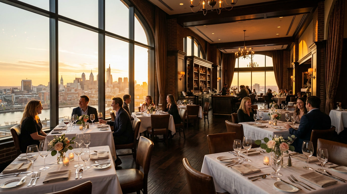 Restaurant diners squinting and shielding eyes from intense sunset glare through west-facing windows during dinner service