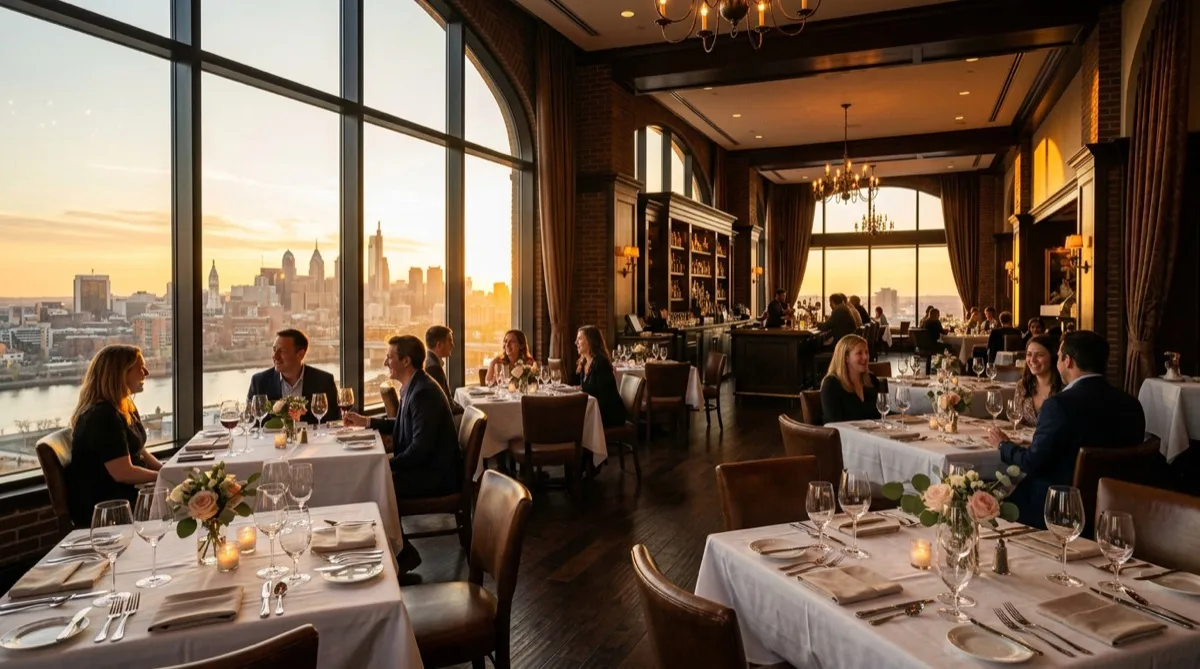 Restaurant diners squinting and shielding eyes from intense sunset glare through west-facing windows during dinner service