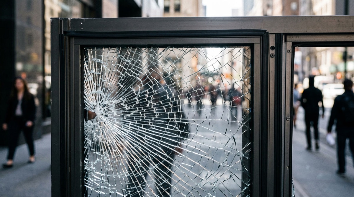 Blast mitigation security window film holding shattered commercial glass in frame after impact for Philadelphia secured building