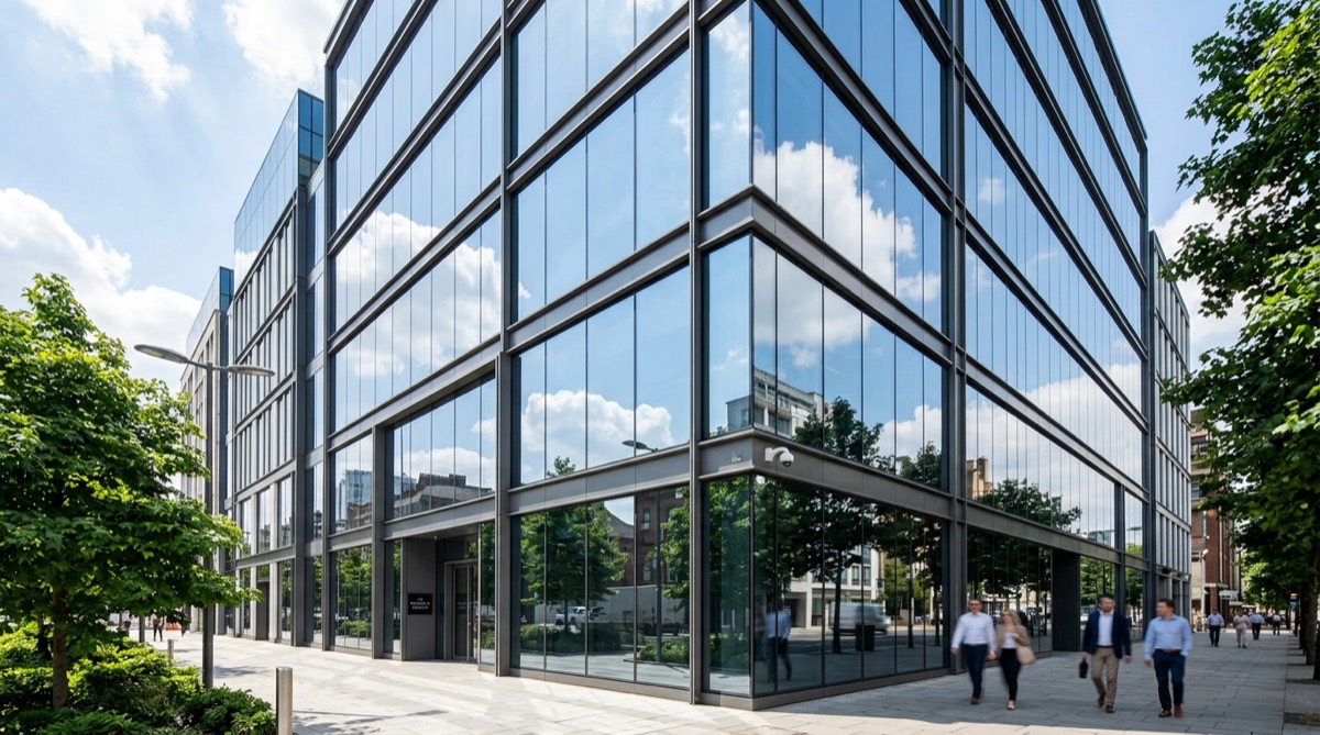 Reflective one-way privacy security window film on modern secured office building in Philadelphia