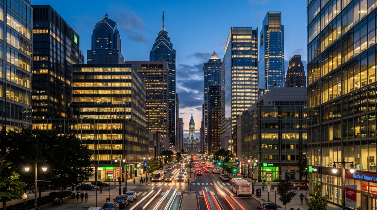 Philadelphia financial district at dusk with bank towers featuring security window film on glass facades