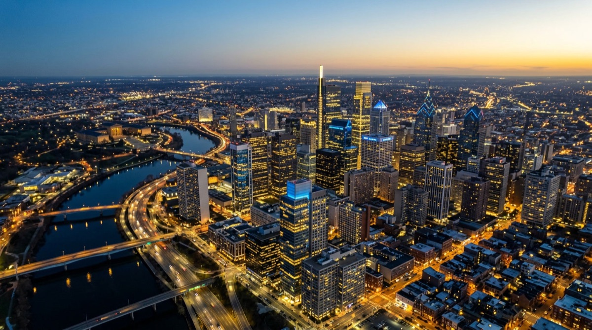 Aerial view of Philadelphia skyline at twilight with secured buildings lit up across the city