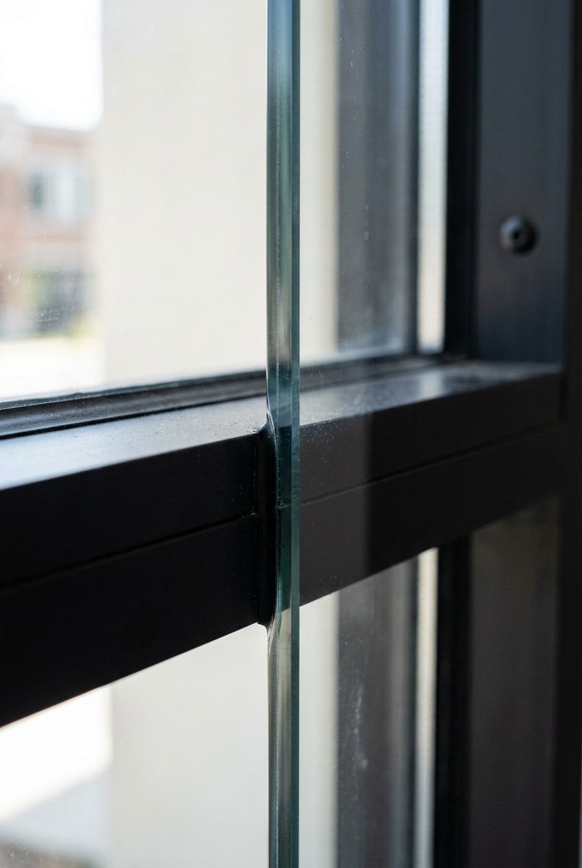 Security film edge detail on thick commercial glass showing fragment retention for Philadelphia secured building