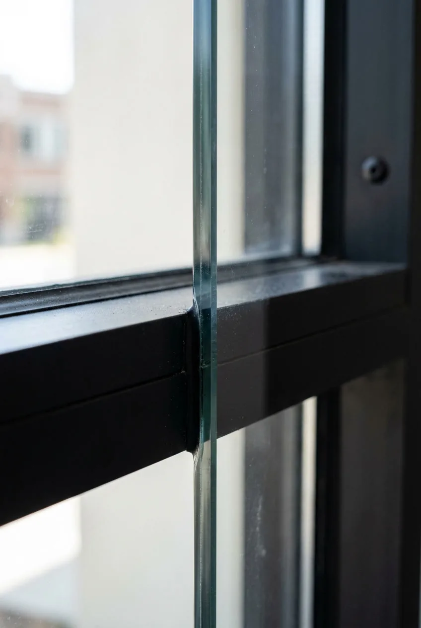 Security film edge detail on thick commercial glass showing fragment retention for Philadelphia secured building