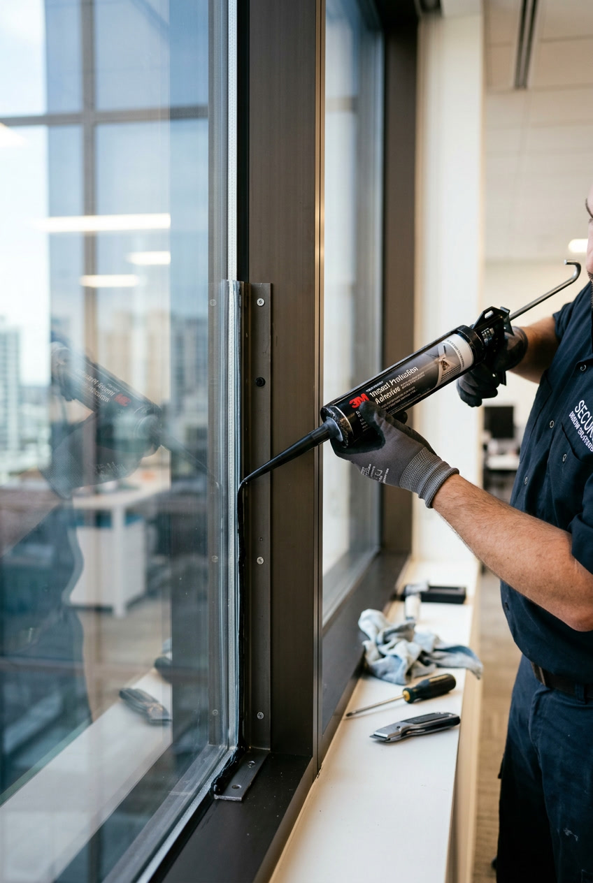 Attachment system installation anchoring security film to window frame for blast mitigation in Philadelphia