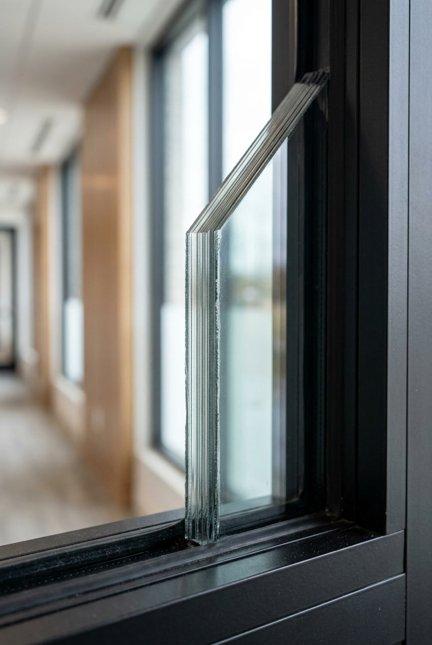 Multi-layer ballistic-resistant window film visible edge showing PET film stack for Philadelphia high-security facility
