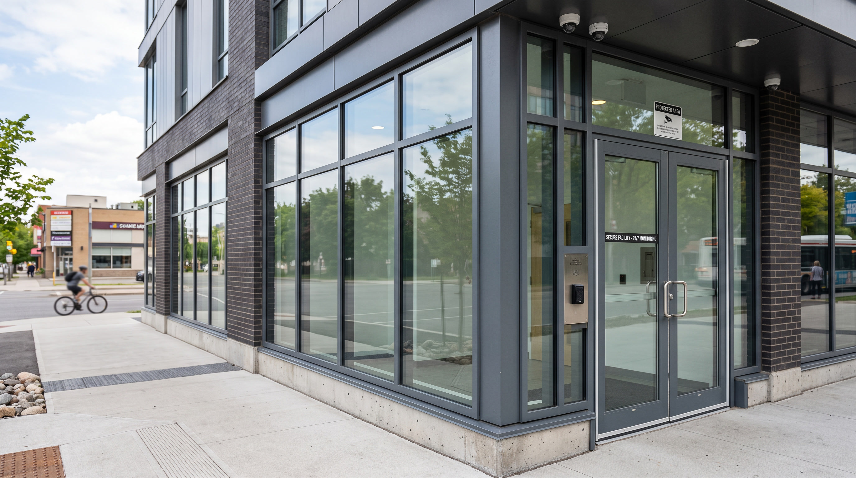 Anti-graffiti security window film protecting ground-floor glass of Philadelphia secured facility