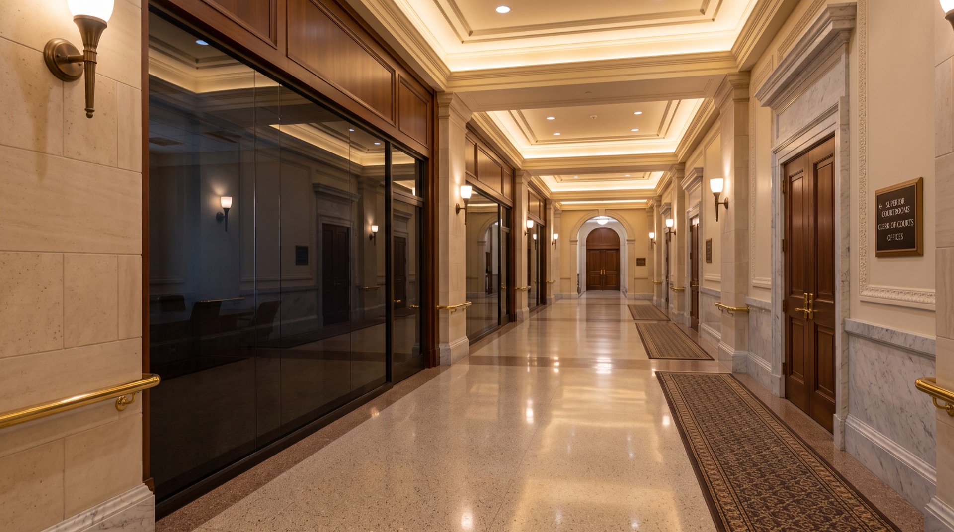 One-way privacy security window film on Philadelphia courthouse interior hallway glass