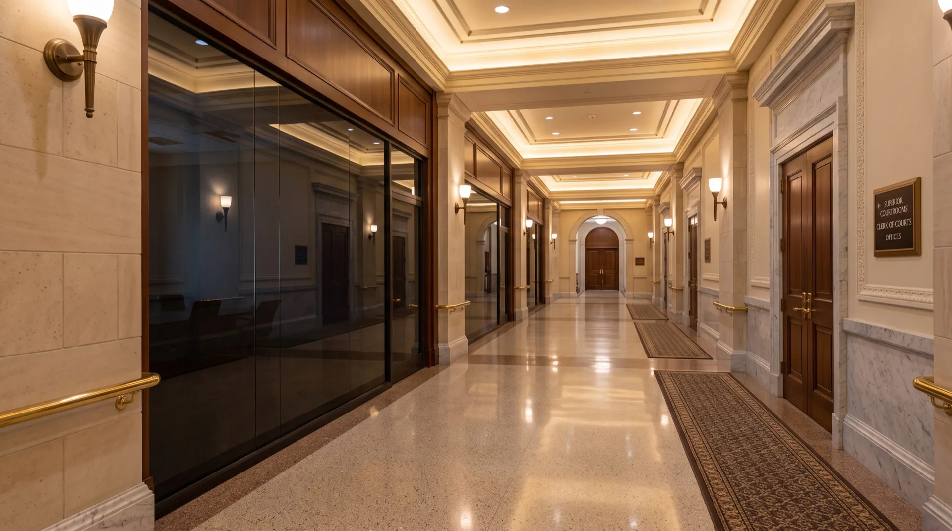 One-way privacy security window film on Philadelphia courthouse interior hallway glass