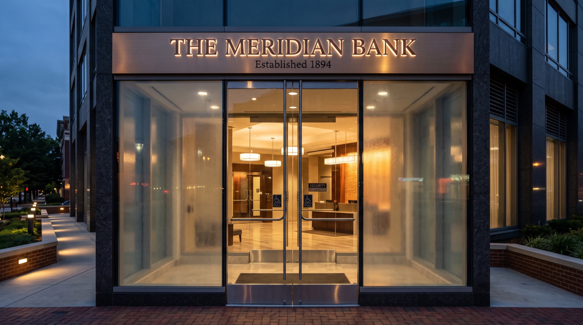 Bank lobby entrance at dusk with thick security window film on glass doors in Philadelphia