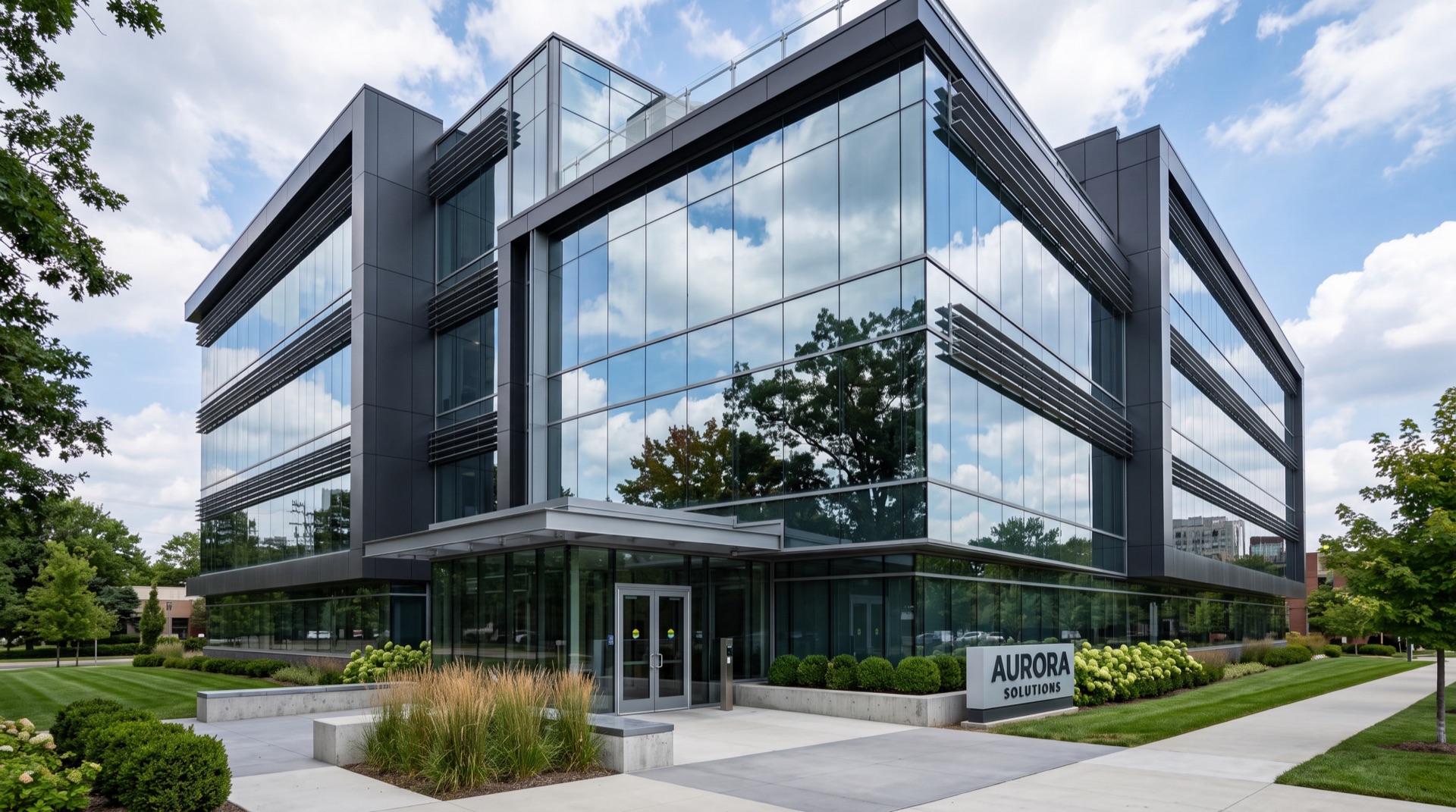 Modern secured office building with reflective solar-control security window film in Philadelphia