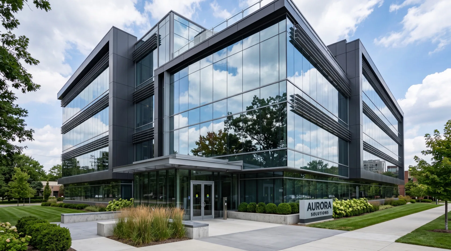 Modern secured office building with reflective solar-control security window film in Philadelphia