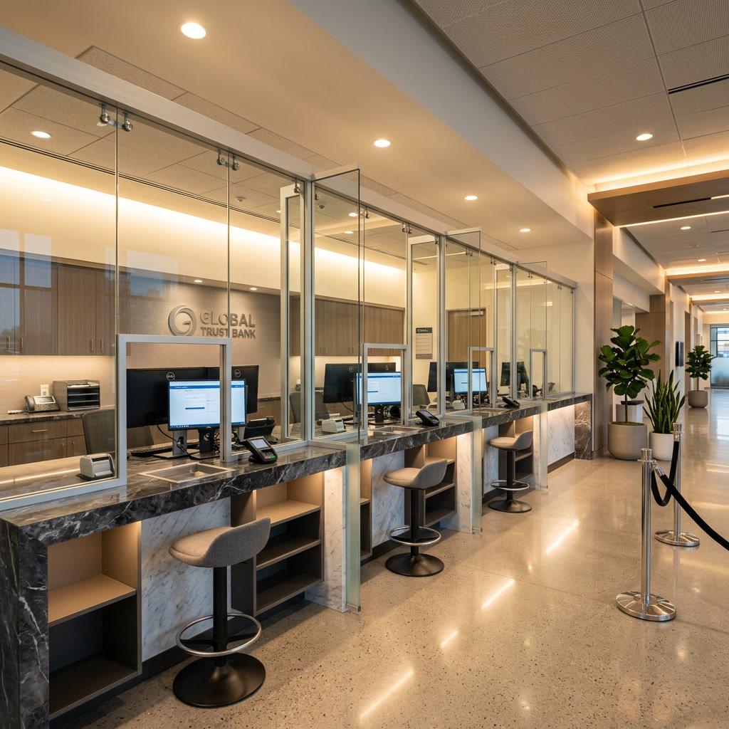 Bank teller area with security glass partition in Philadelphia — security window film for financial institutions