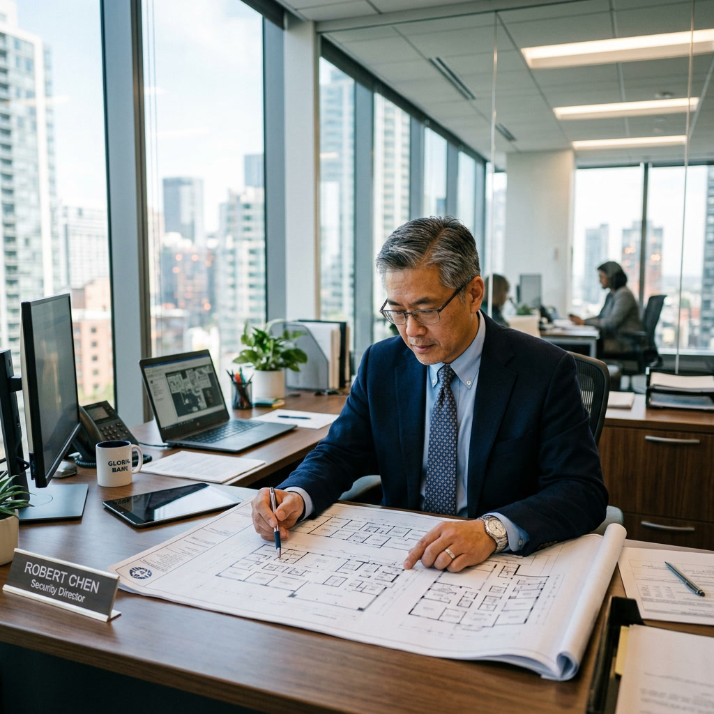Bank security director in modern Philadelphia office reviewing building plans — security window film client