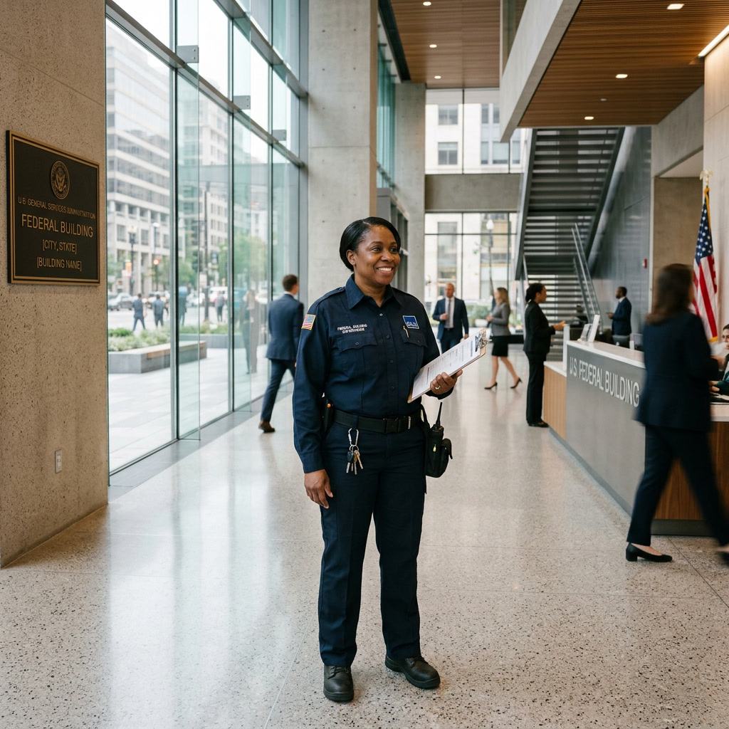 Federal building maintenance supervisor in uniform standing in modern building lobby in Philadelphia