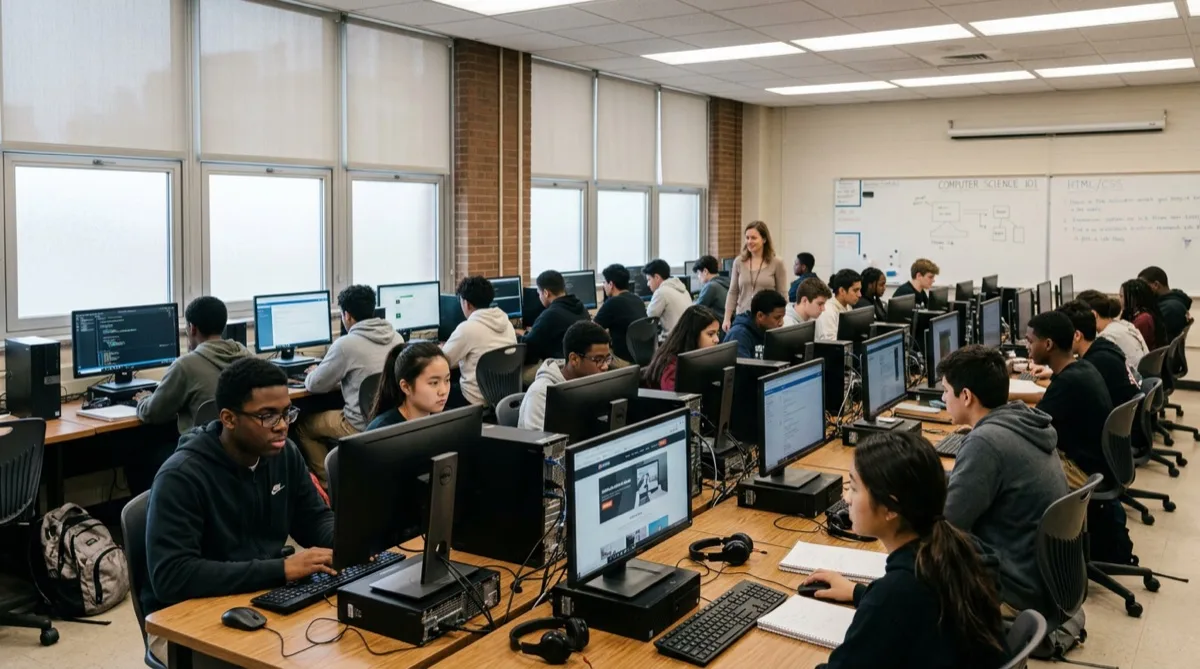 School computer lab, no screen glare, students focused