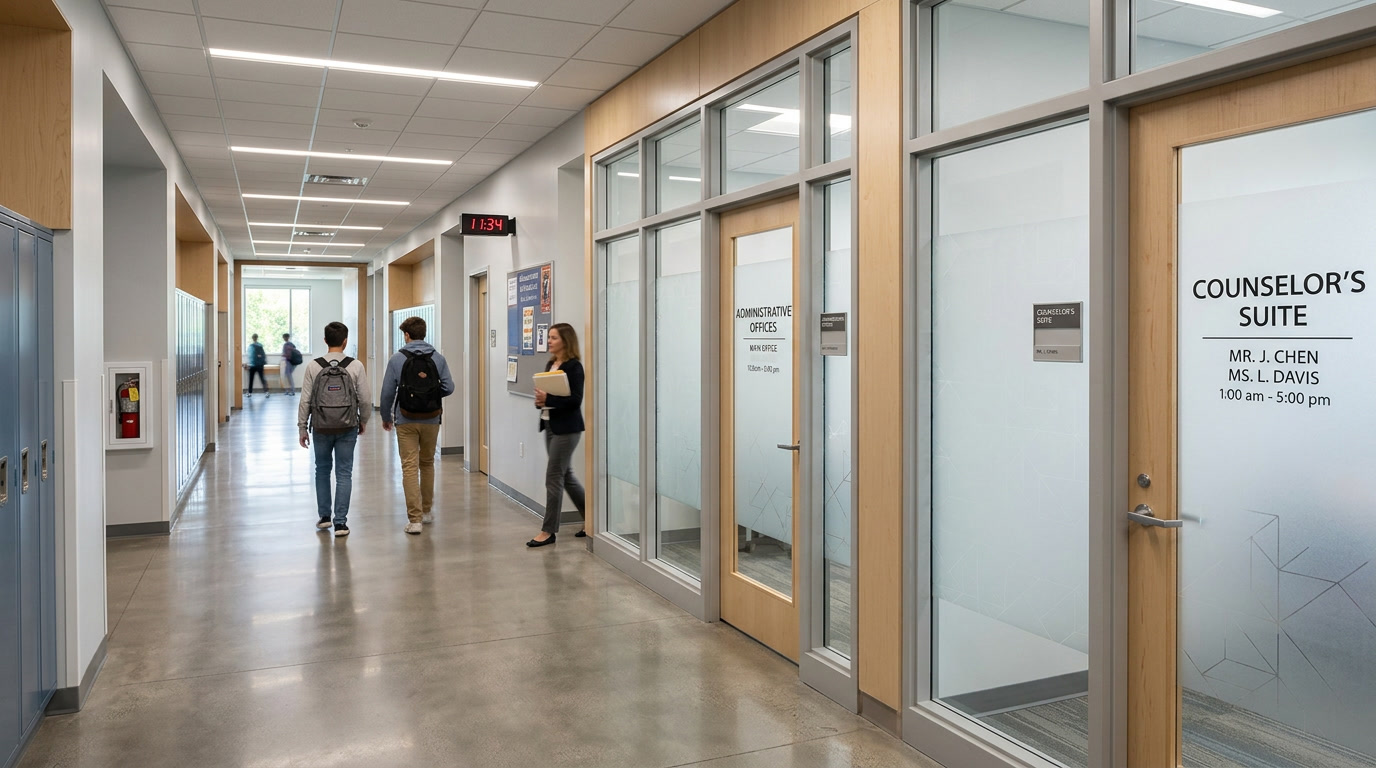 School hallway with frosted privacy film on counselor office windows