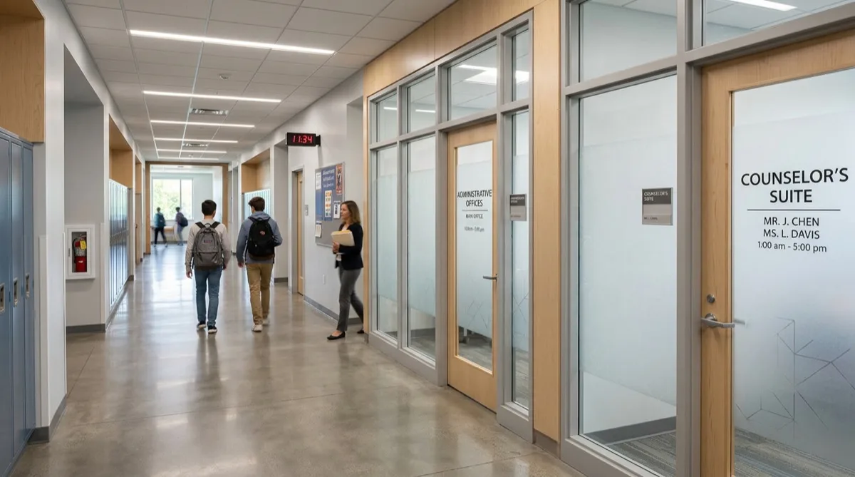 School hallway with frosted privacy film on counselor office windows