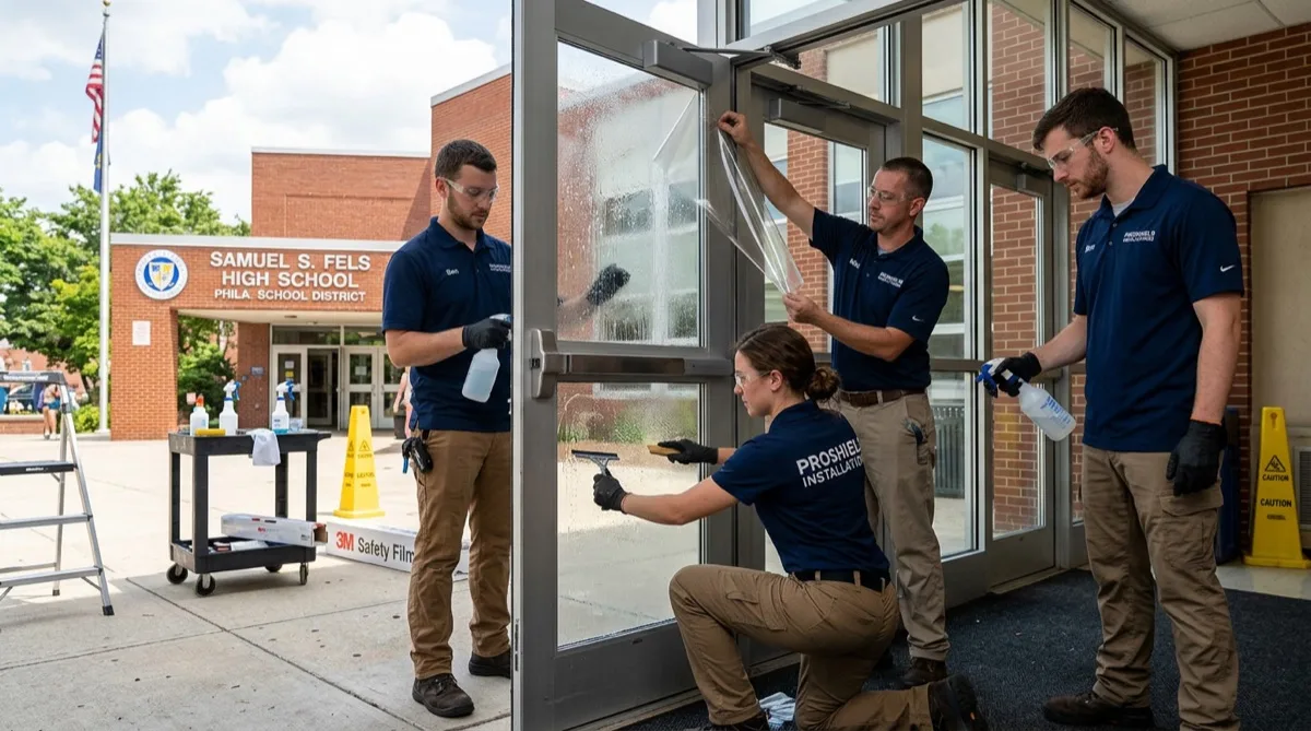 School security film installation process in Philadelphia educational building