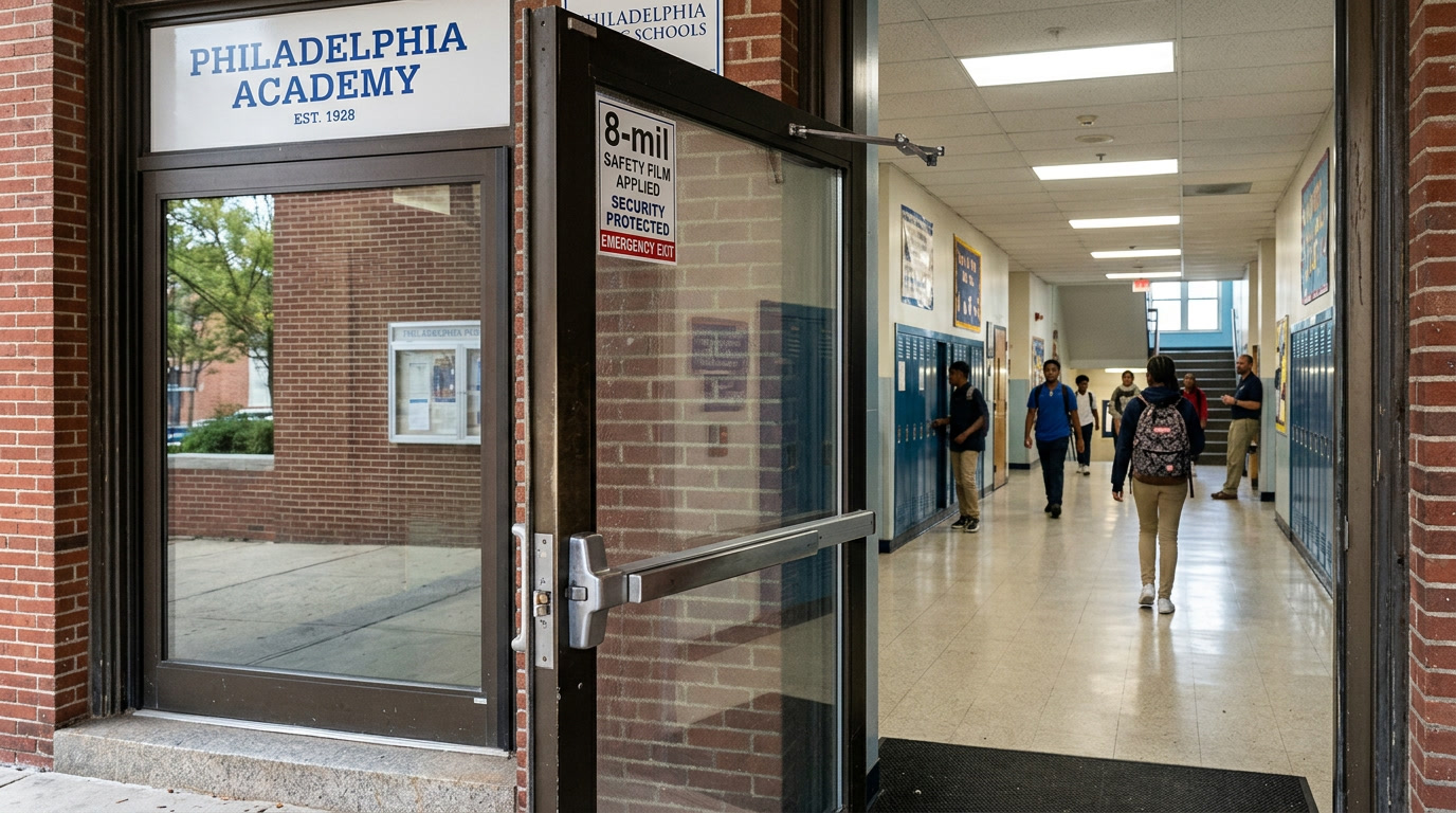 3M Scotchshield Ultra S800 security film on Philadelphia school entrance glass