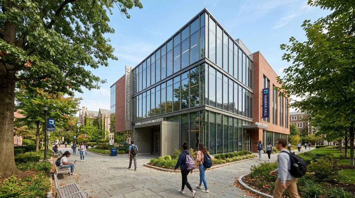 University campus building with security film — University City