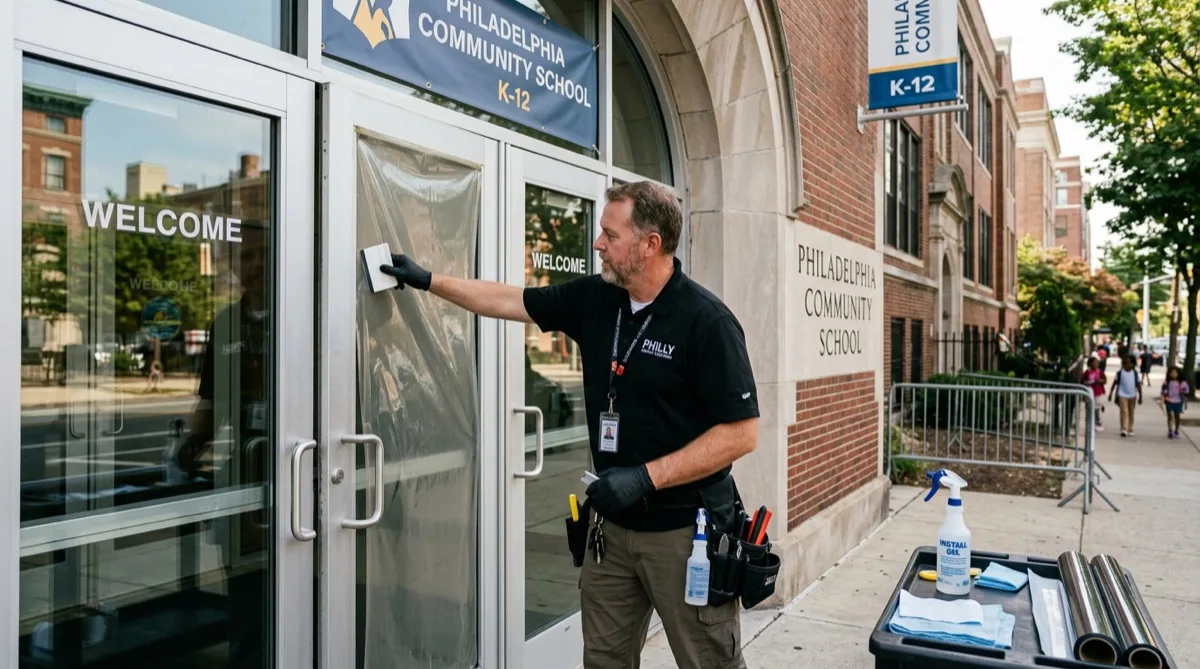 School entrance glass with security film — K-12 School, Northeast Philadelphia