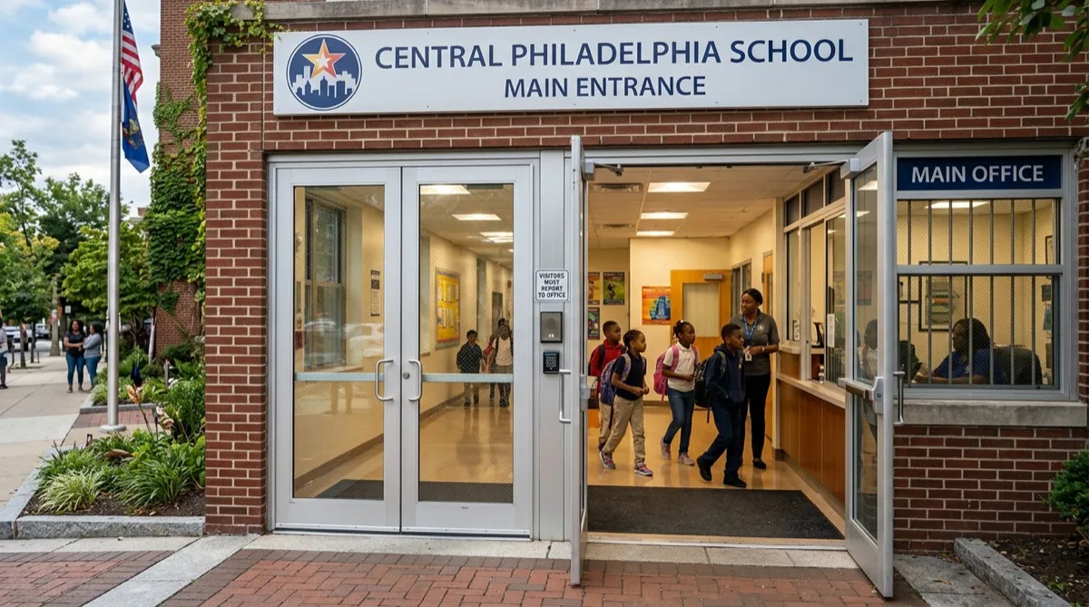 School entrance glass protected with clear security film in Philadelphia