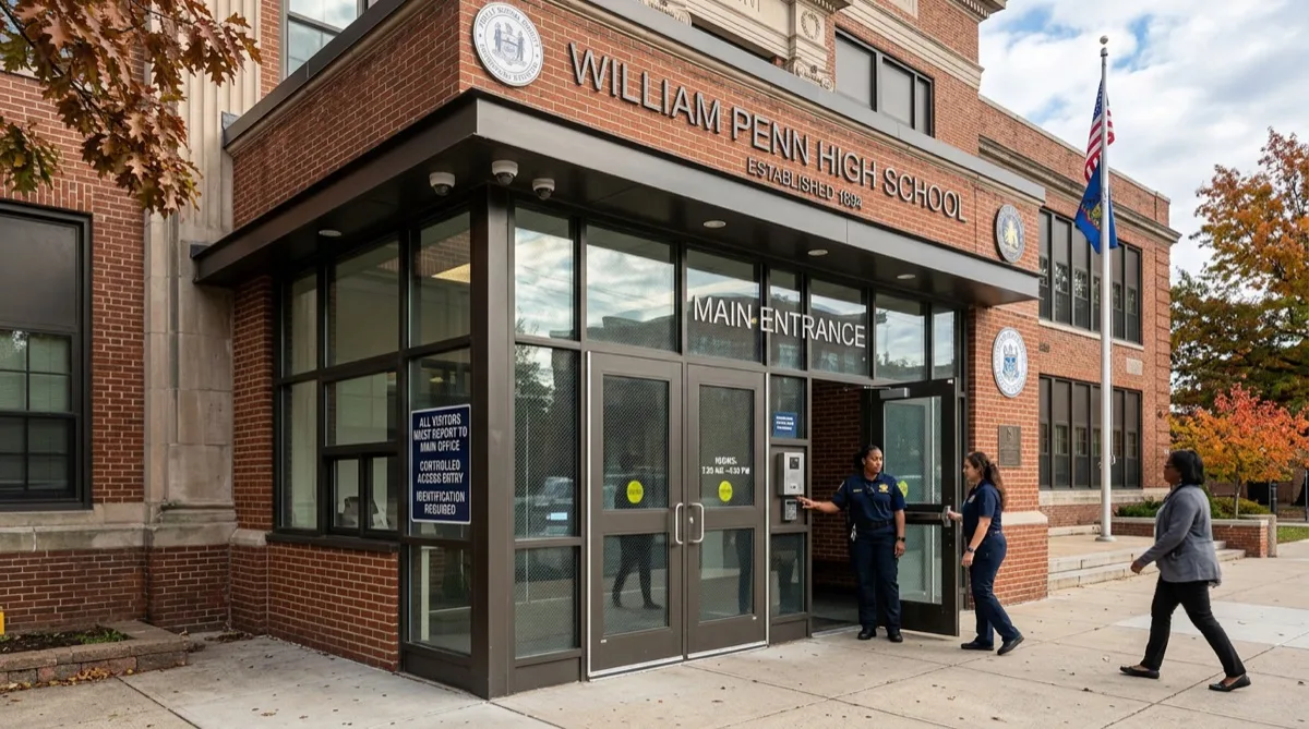 Security window film on Philadelphia school entry glass
