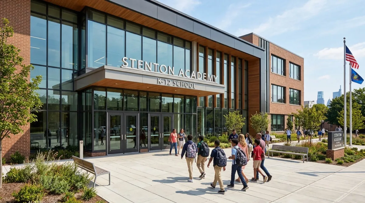 Welcoming modern Philadelphia school entrance prepared for school security film