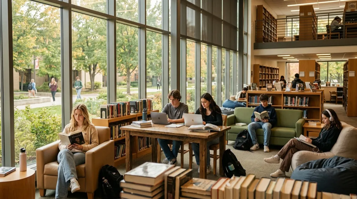 School library reading area, UV-protected natural light