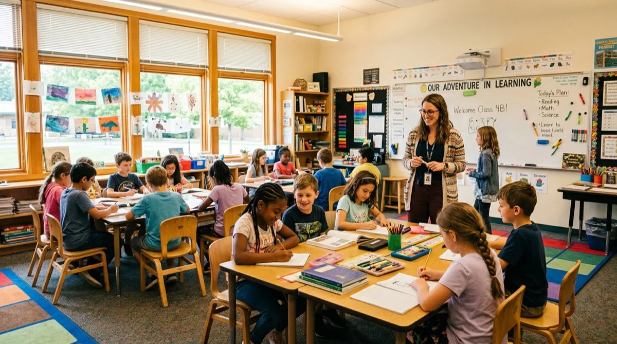 Elementary classroom with bright filtered natural light through treated windows, Philadelphia