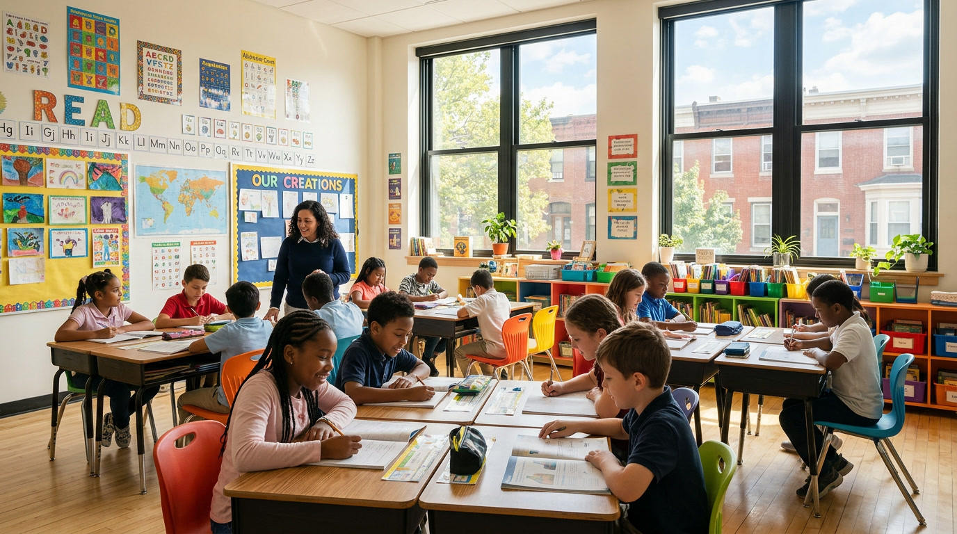 Bright Philadelphia classroom with comfortable filtered daylight through treated windows