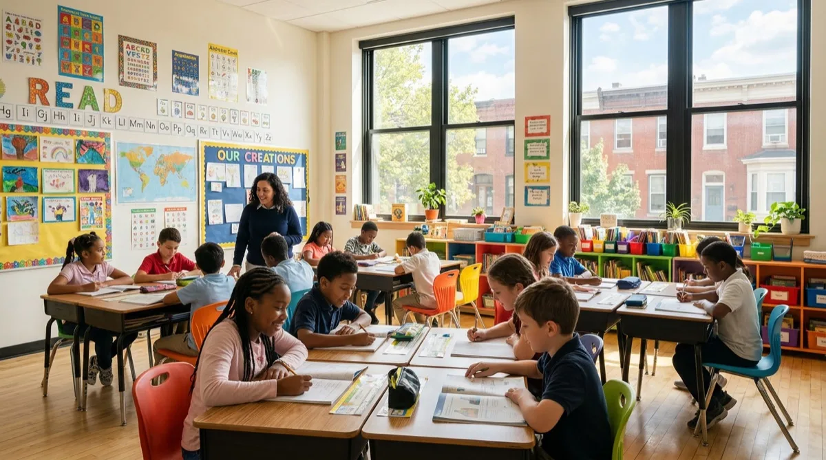 Bright Philadelphia classroom with comfortable filtered daylight through treated windows