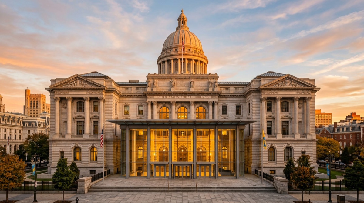 Beautiful Center City Philadelphia federal building with large glass entry at golden hour — historic architecture with security vulnerabilities