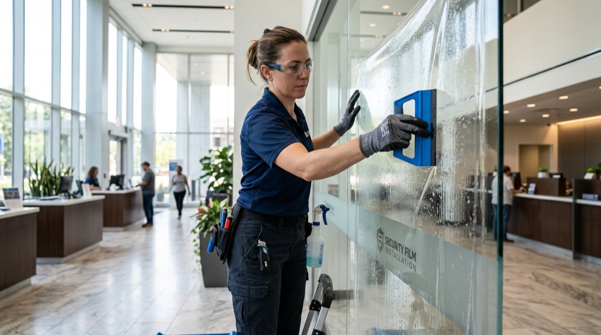 Professional installer applying thick security window film to bank lobby glass in Philadelphia