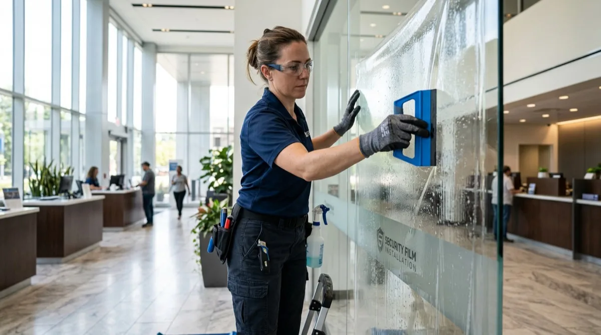 Professional installer applying thick security window film to bank lobby glass in Philadelphia