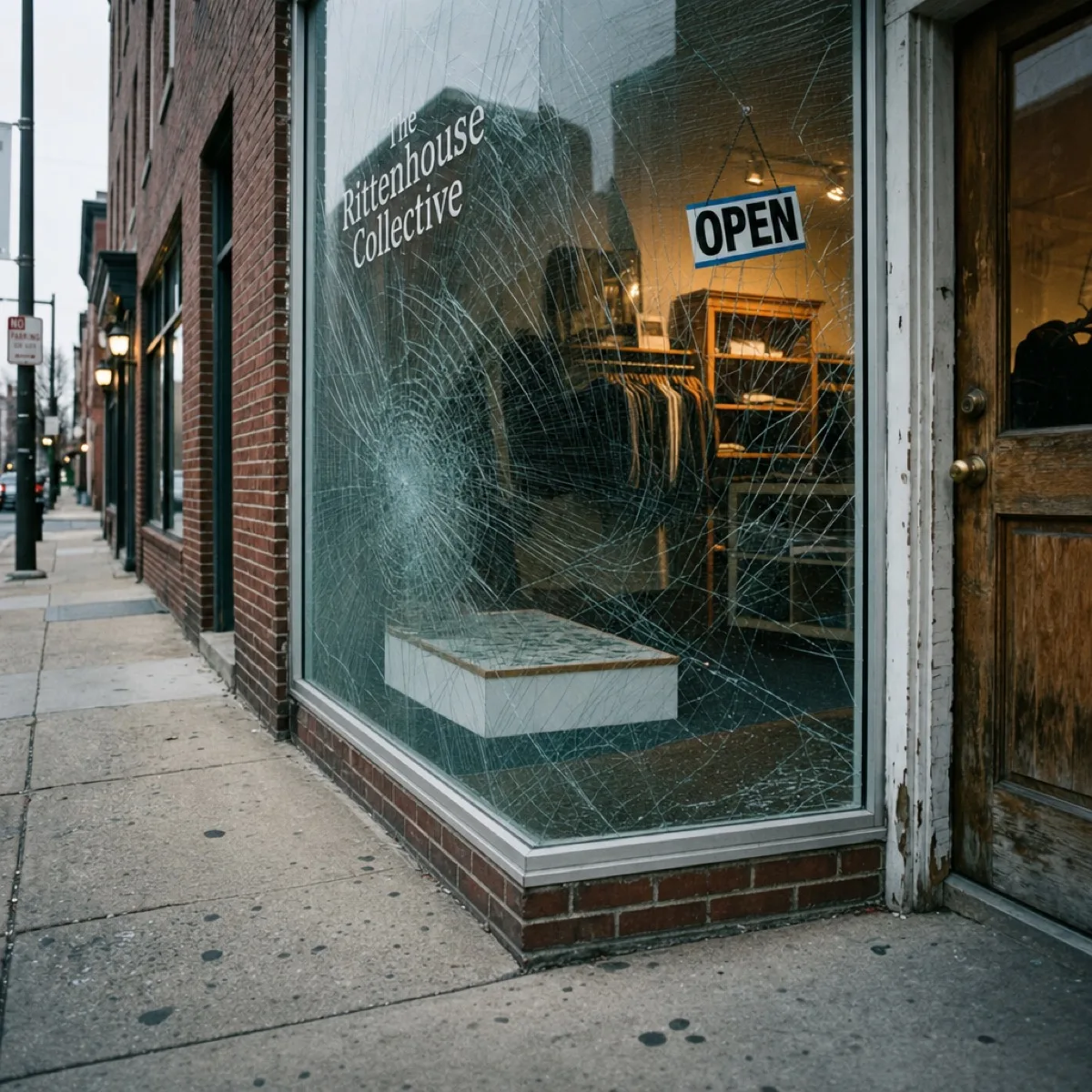 Philadelphia glass with security film holding fragments in place Philadelphia glass with security film holding fragments in place