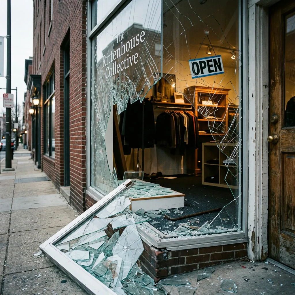 Unprotected Philadelphia glass shattered with loose fragments Unprotected Philadelphia glass shattered with loose fragments