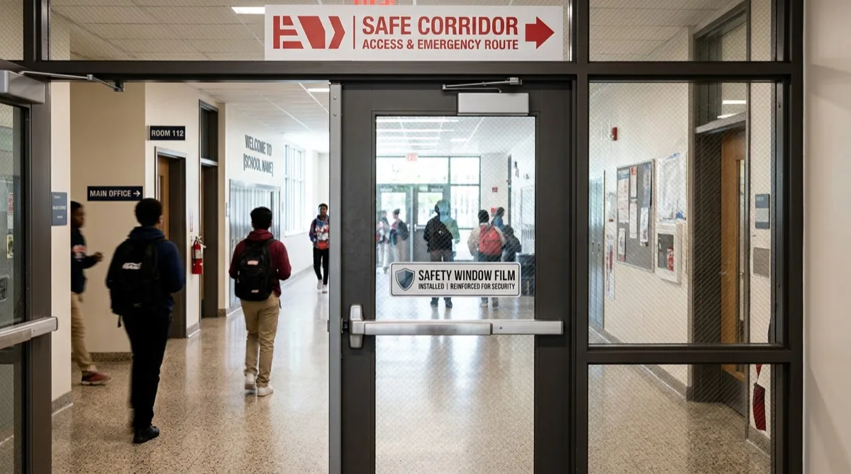 School hallway glass partition — Center City Philadelphia
