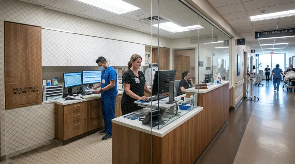 Hospital pharmacy and secure clinical glazing with safety and security window film
