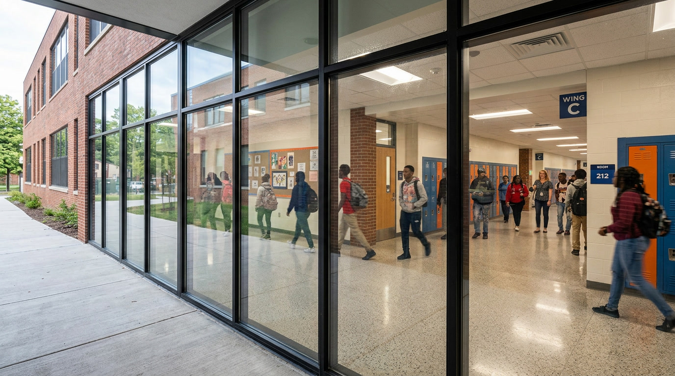 Solar Gard Armorcoat 14 mil safety film on Philadelphia school entrance glazing