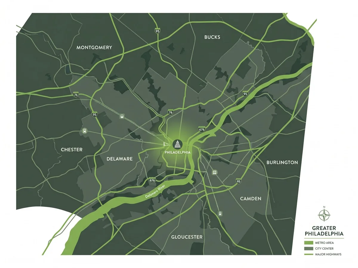 Map of Window Film Philadelphia service area across Greater Philadelphia and the Delaware Valley