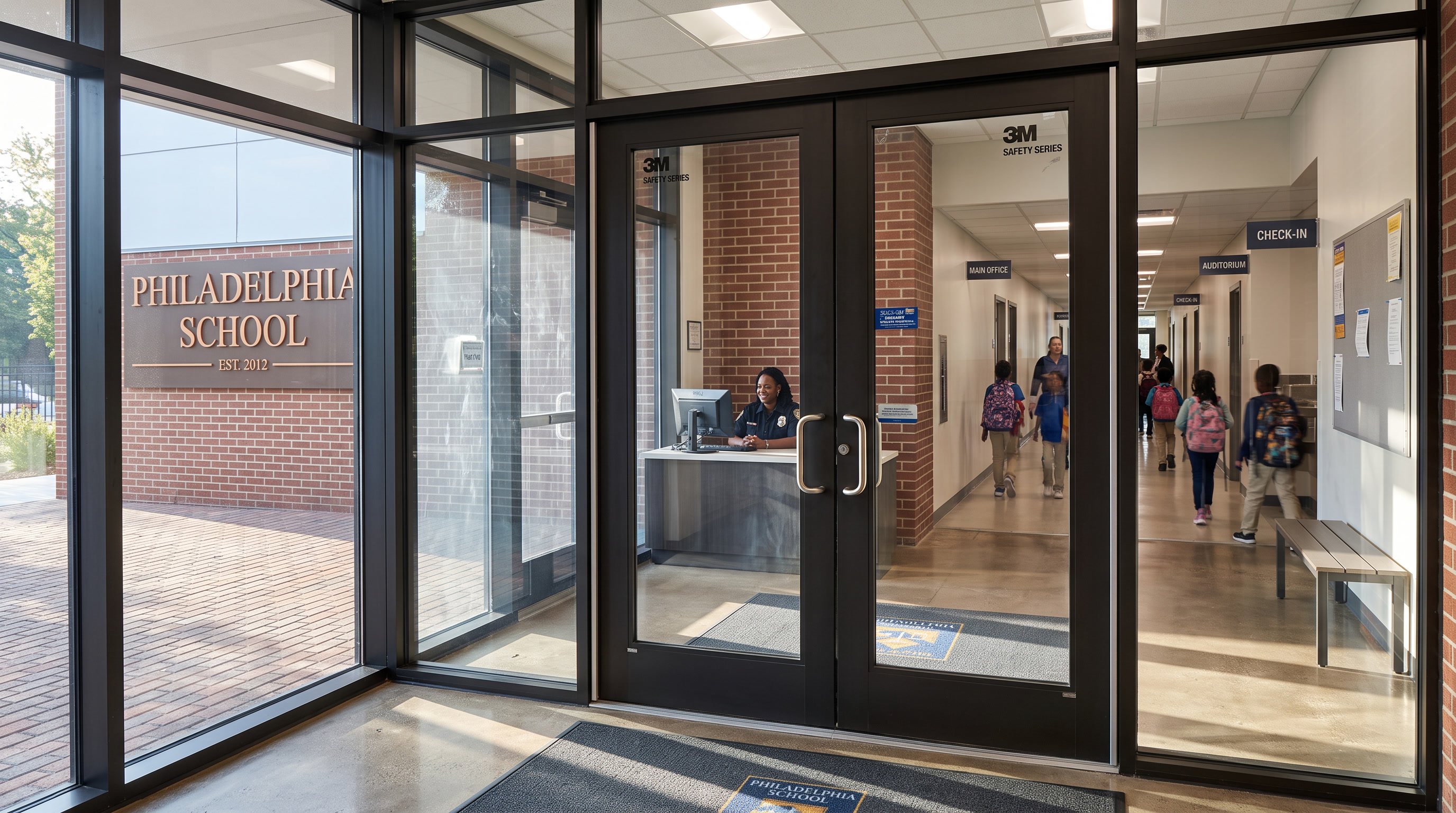 Shatter retention window film protecting Philadelphia school entrance glass from fragment hazard