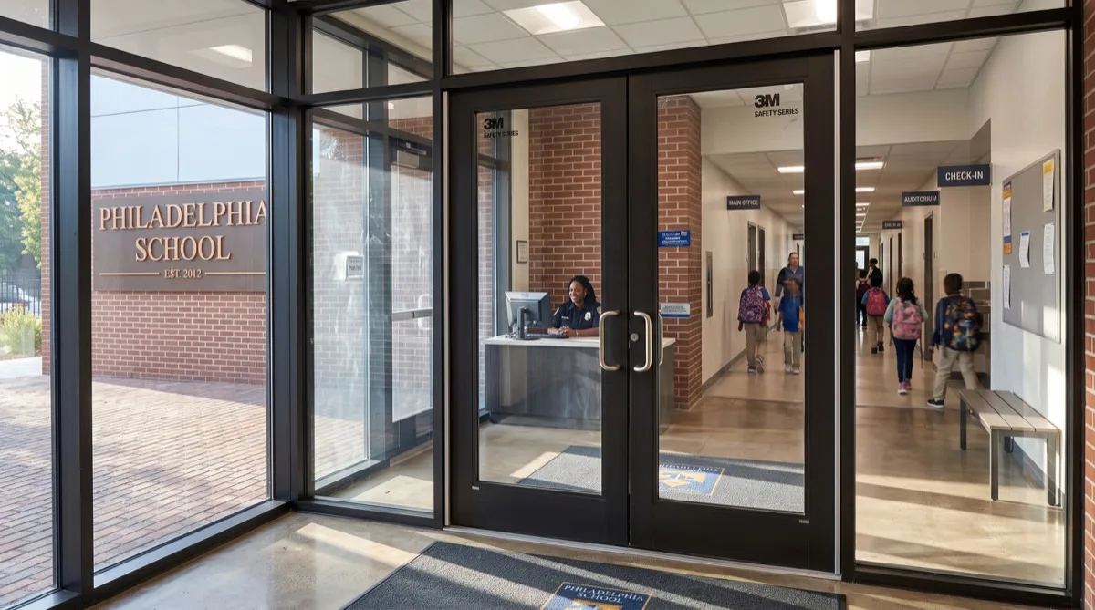 Shatter retention window film protecting Philadelphia school entrance glass from fragment hazard