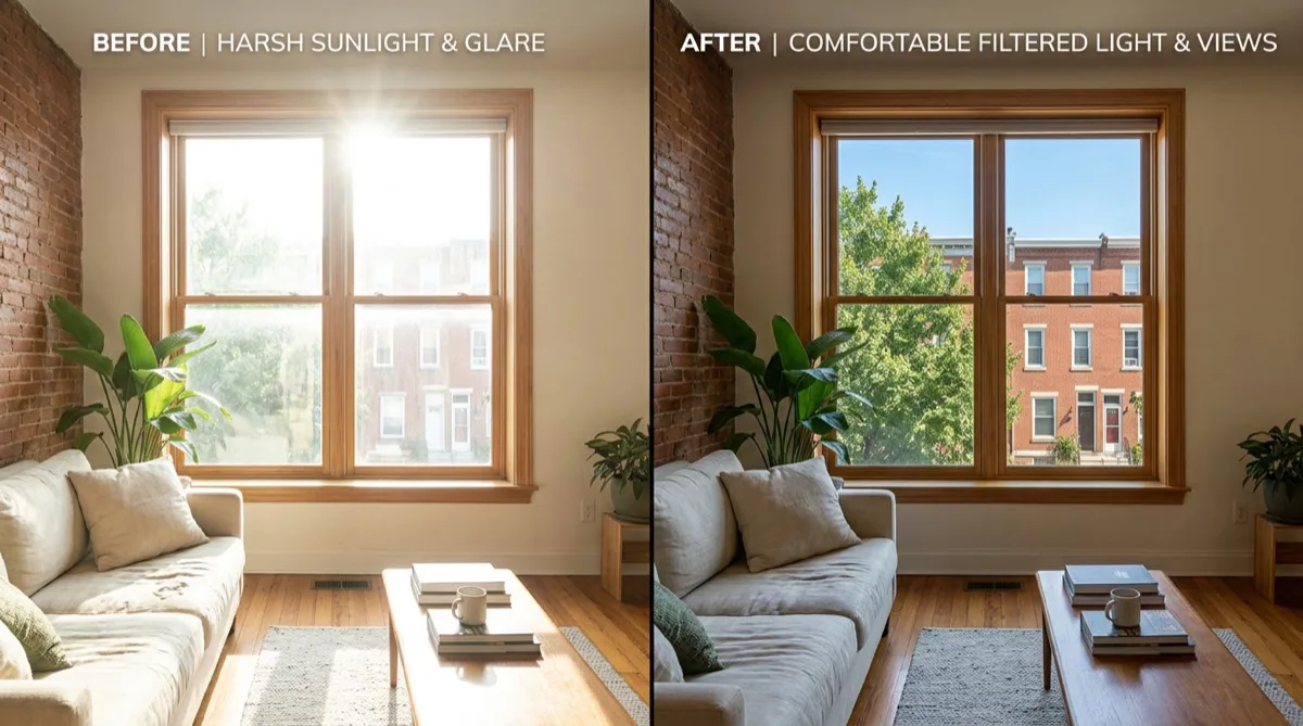 Solar control film before and after comparison — Philadelphia rowhome