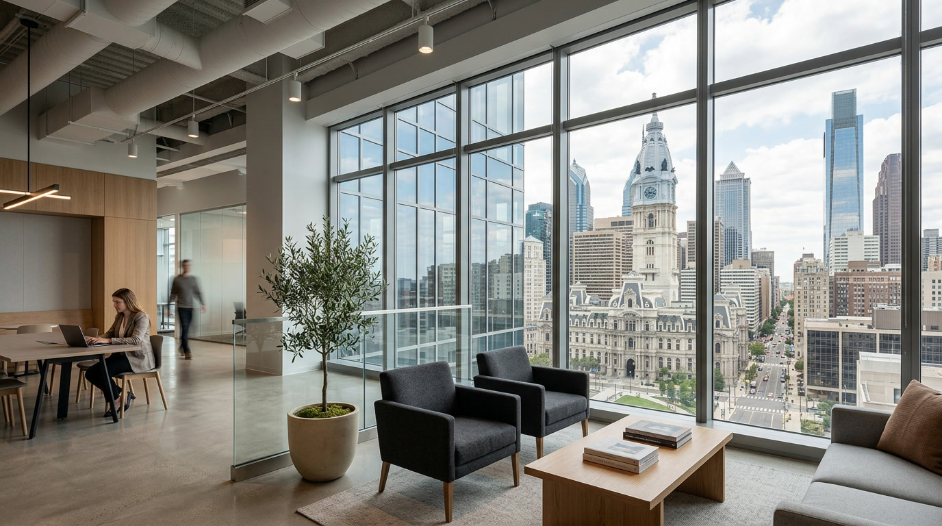 Solar control window film on Center City Philadelphia office tower curtain wall